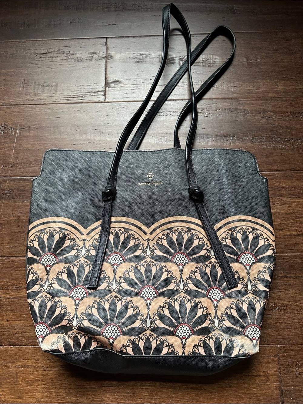 Nanette Lepore Black & Beige Floral-Patterned Tote